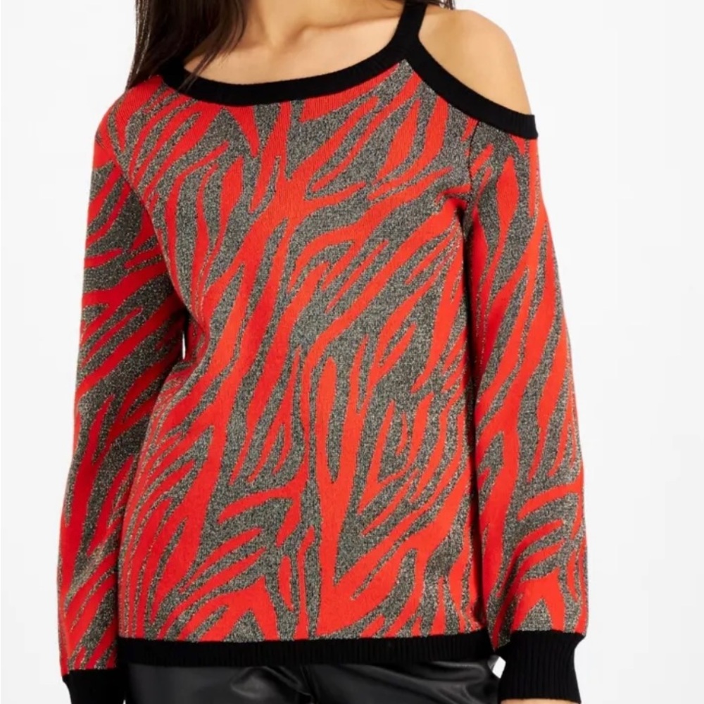 Willow Drive red and black expose shoulder sweater